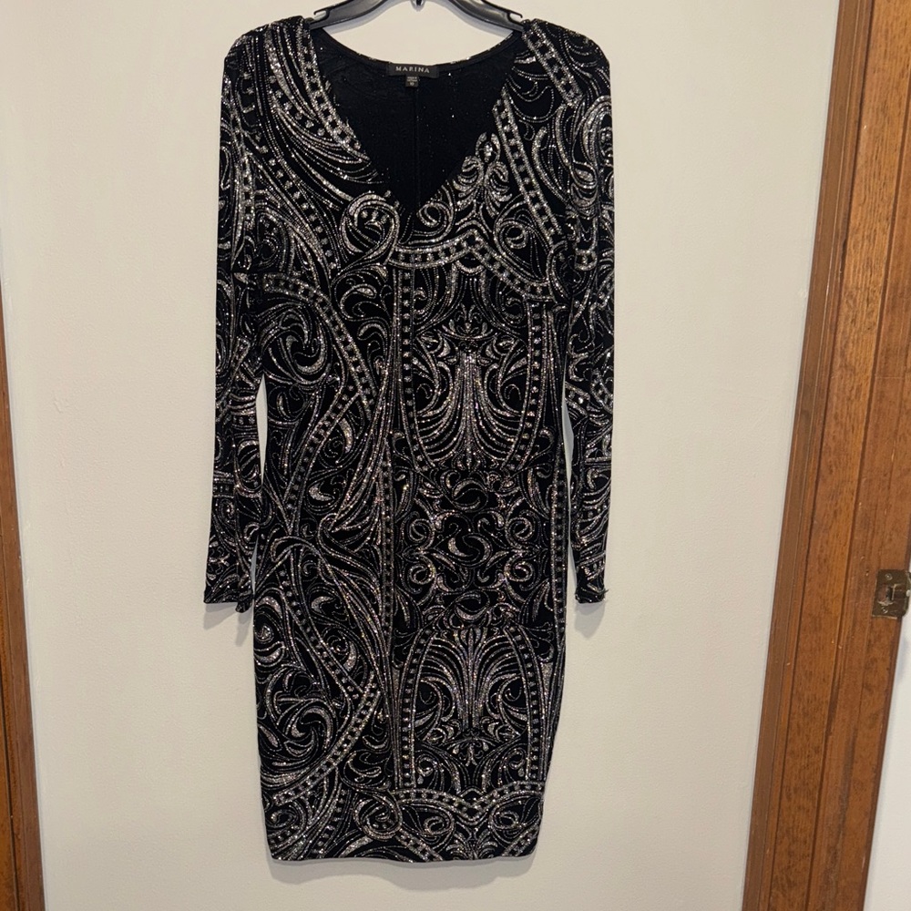 MARINA Size 10 Elegant Black Cocktail Dress with Silver Patterns